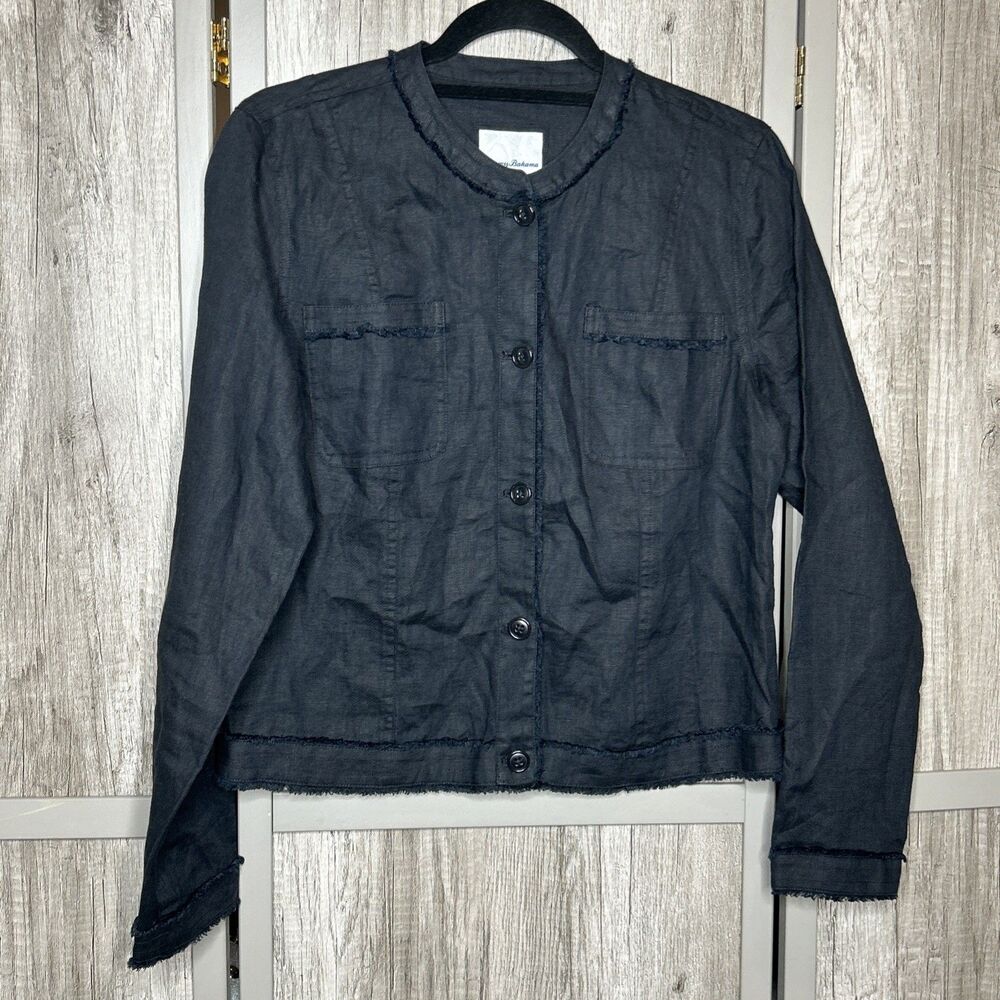 Tommy Bahama Linen Jacket Raw Edge Button Front Black